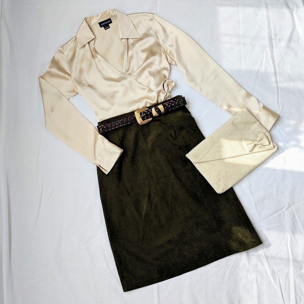 Vintage 80s Olive Green Vegan Suede Pencil Skirt